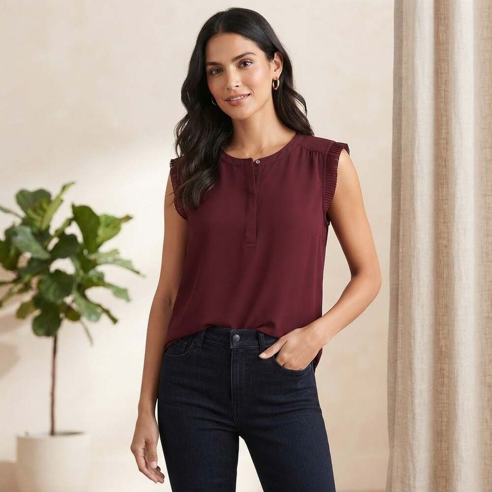 Calvin Klein Burgundy Pleated Ruffle Sleeve Blouse Top Size XL
